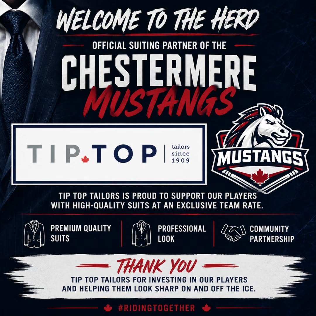 We’re proud to welcome Tip Top Tailors Sunridge as the Official Suiting Partner of the Chestermere Mustangs!