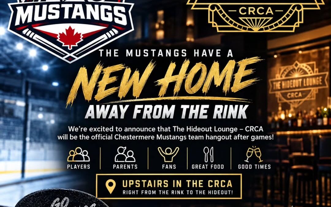 We’re excited to announce that The Hideout Lounge – CRCA will be the official Chestermere Mustangs team hangout after games!